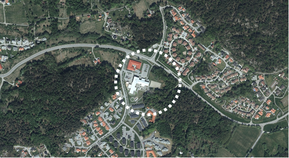 Flygfoto med planområde markerat, Hallerna högstadieskola