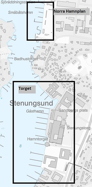 Kartbild med två områden markerade för Norra hamnplan i norra delen samt Torget i södra delen.